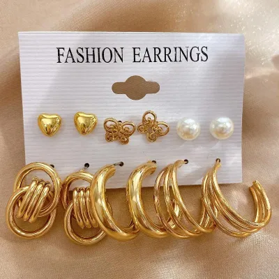 Trendy Pearl Butterfly Golden Earrings Set (6 pairs)